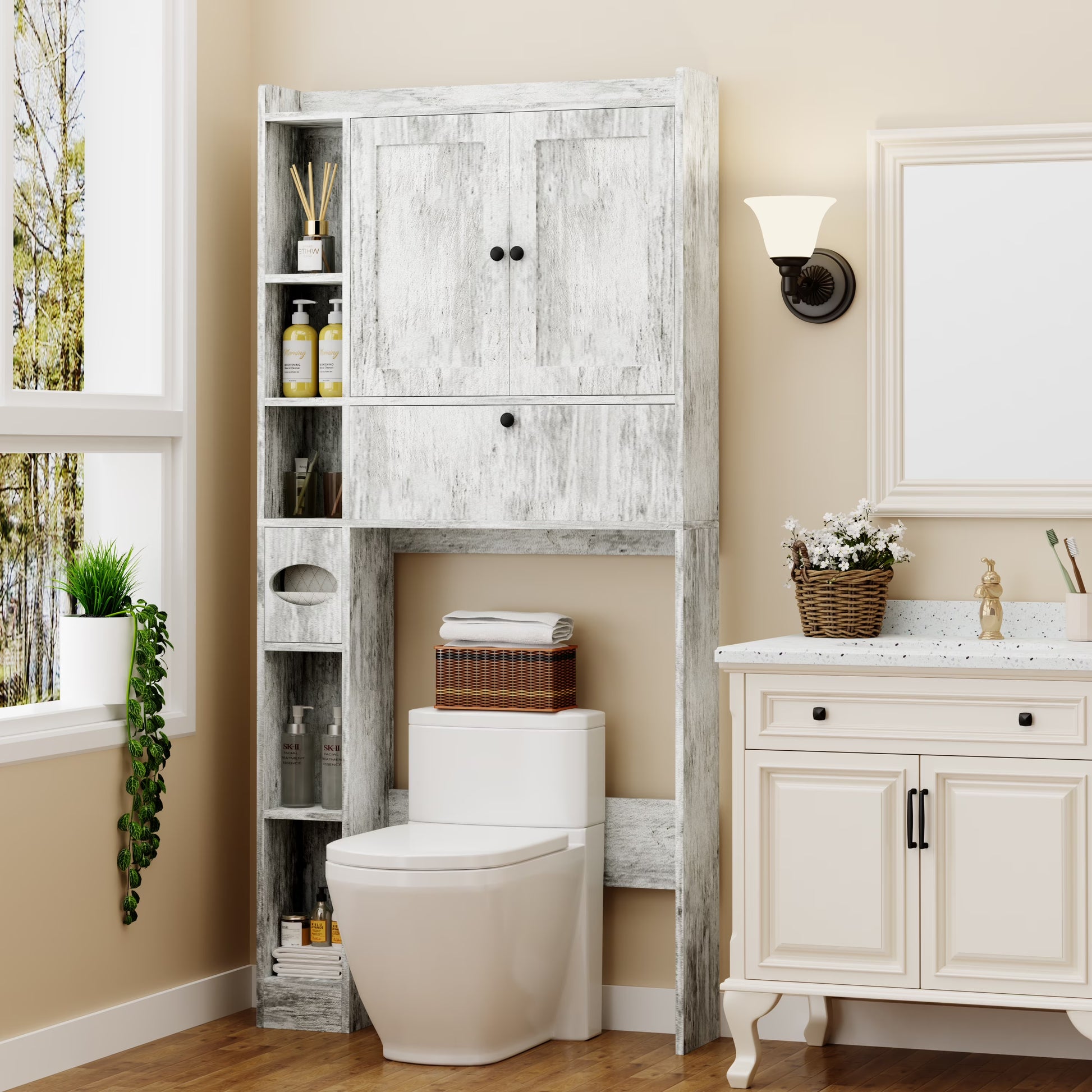 Apeaka Over The Toilet Storage Cabinet,Bathroom Storage Cabinet with Wooden Doors,Bathroom Organizer Over-The-Toilet Cabinet(White)
