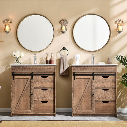 MIHOVER 30" Farmhouse Bathroom Vanity with Sink, Bathroom Dresser with 3 Drawers & Adjustable Shelves