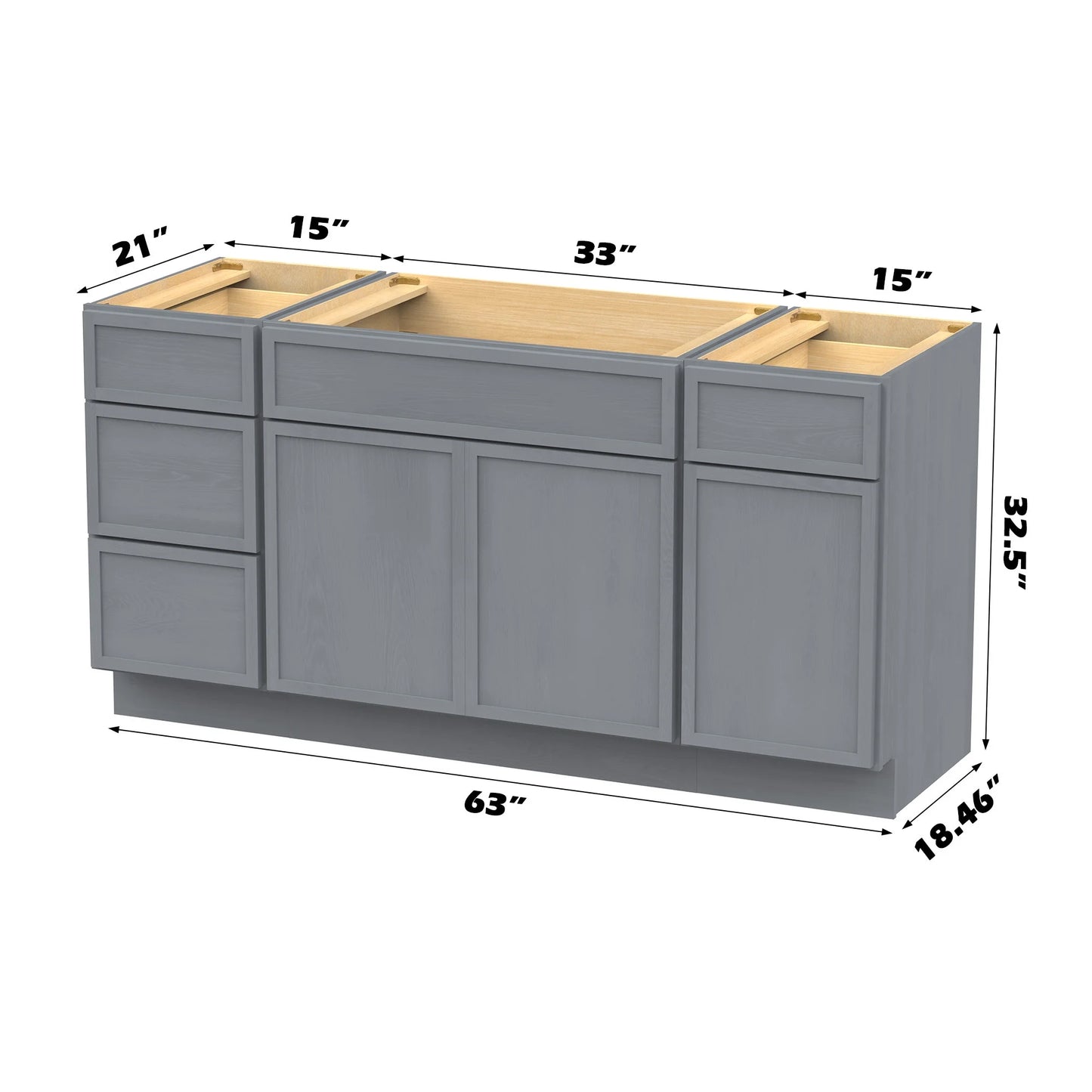 Vanity Art 63" Freestanding Bathroom Vanity Cabinet without Top in Smoky Gray