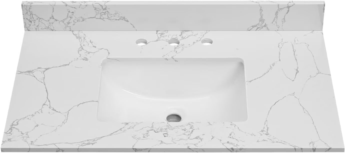 36x22 Engineered Stone Vanity Sink Top, White Bathroom Countertop with Undermount Left Sink, Vanity Top with 8 inch 3 Faucet Hole Spacing and Backsplash