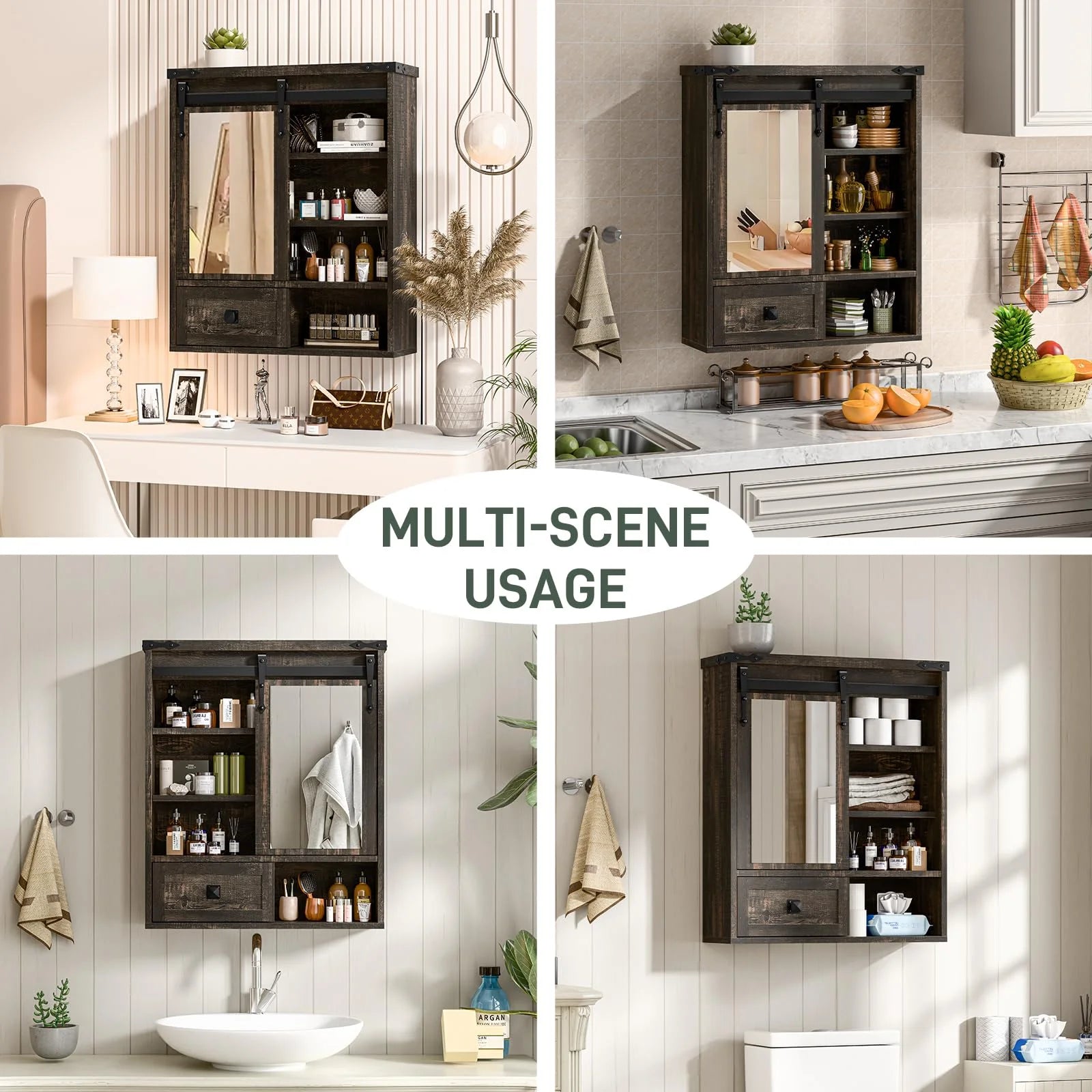 Vabches Farmhouse Bathroom Wall Storage Cabinet with Sliding Mirror Door, Adjustable Shelves, Over The Toilet Storage, Dark Rustic Oak