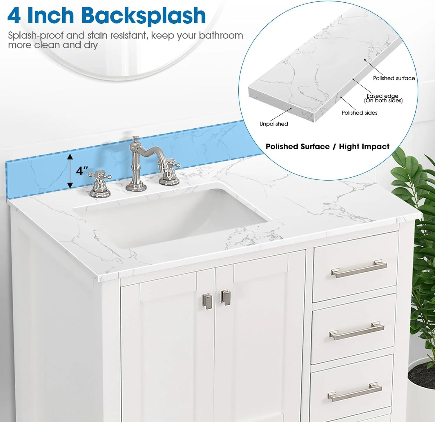 36x22 Engineered Stone Vanity Sink Top, White Bathroom Countertop with Undermount Left Sink, Vanity Top with 8 inch 3 Faucet Hole Spacing and Backsplash