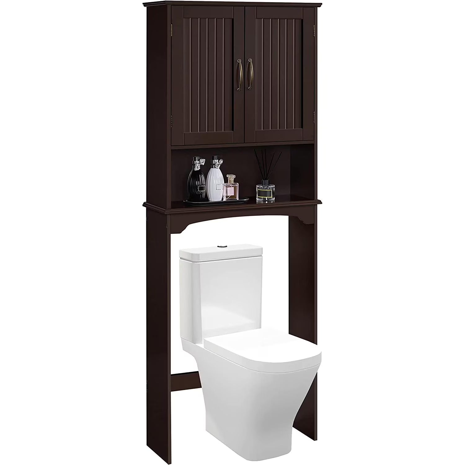 Bilot Over The Toilet Storage Cabinet Bathroom Organizer with Adjustable Shelf & Double Doors for Toilet, Home Space-Saving Furniture, L24.5xW9xH66 Inches, Espresso