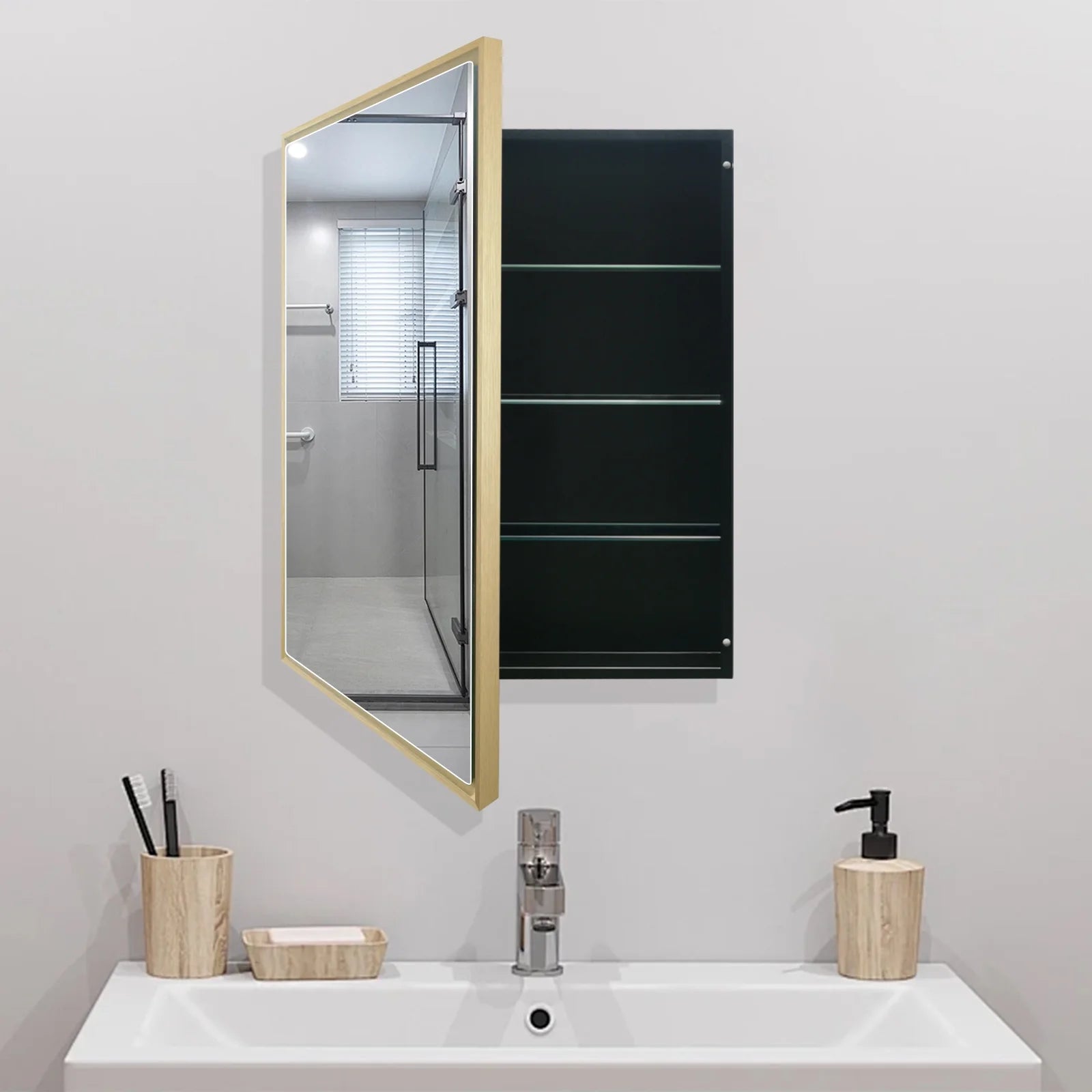 FUMANGO Bathroom Medicine Cabinet with Aluminum Framed Mirror,24"x30" Surface Mount or Recessed Mount Bathroom Vanity Mirror,Single Door Bathroom Mirror with Storage Cabinet