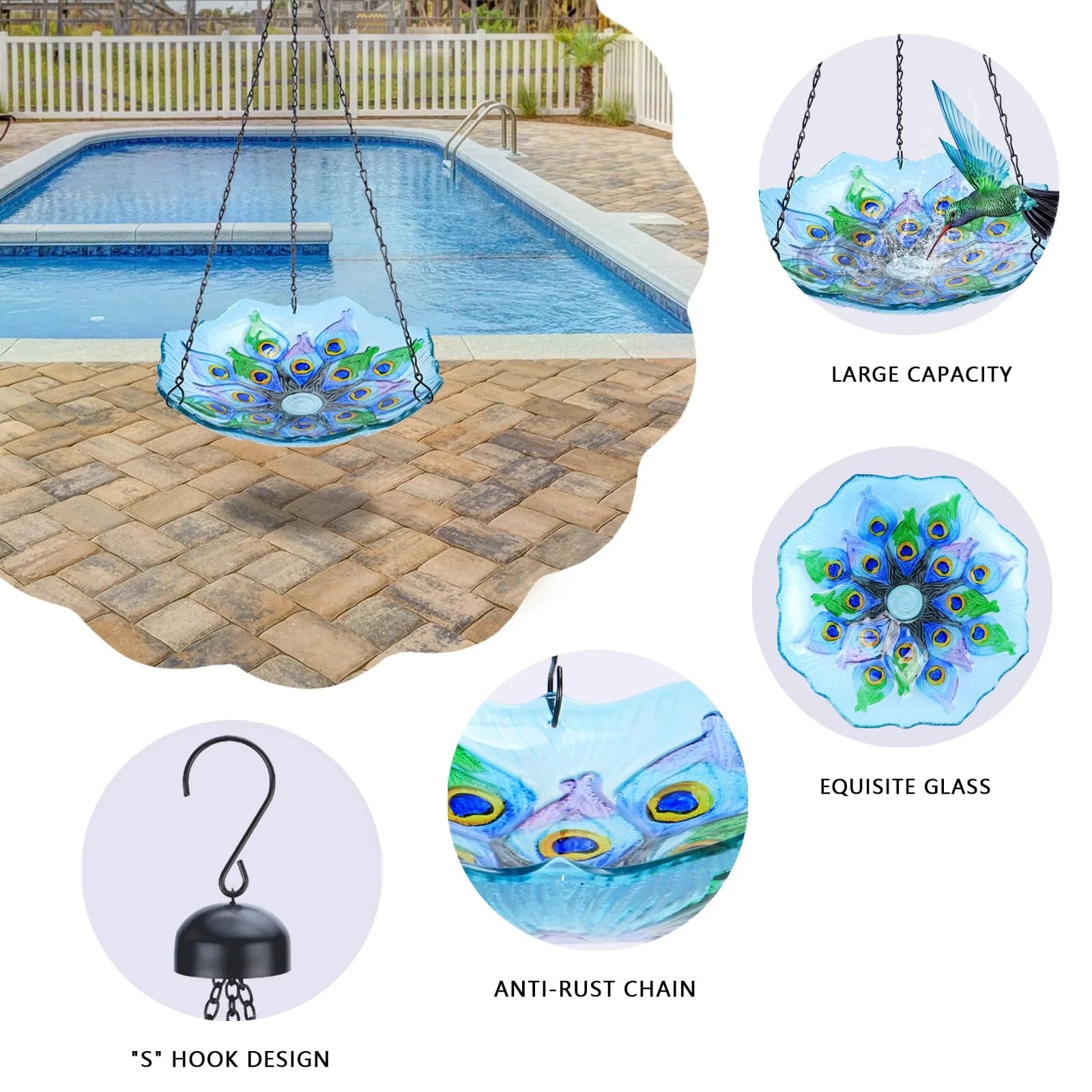 Hanging Peacock Bird Bath Glass for Garden,Yard,Patio Decoration