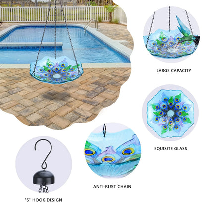 Hanging Peacock Bird Bath Glass for Garden,Yard,Patio Decoration