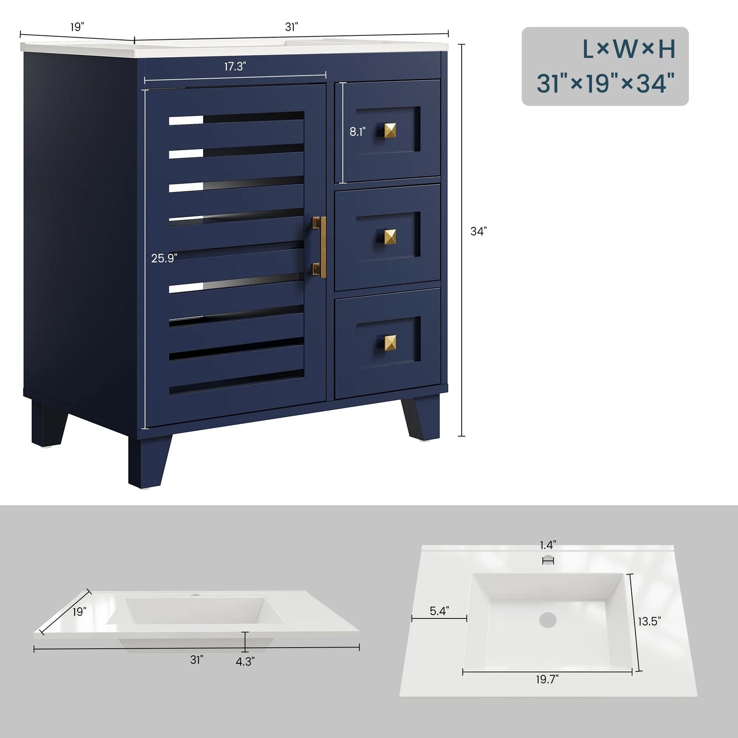 ANCTOR 30'' Bathroom Vanity with Sink, Modern Bathroom Sink Cabinet with 3 Drawers & Adjustable Shelf