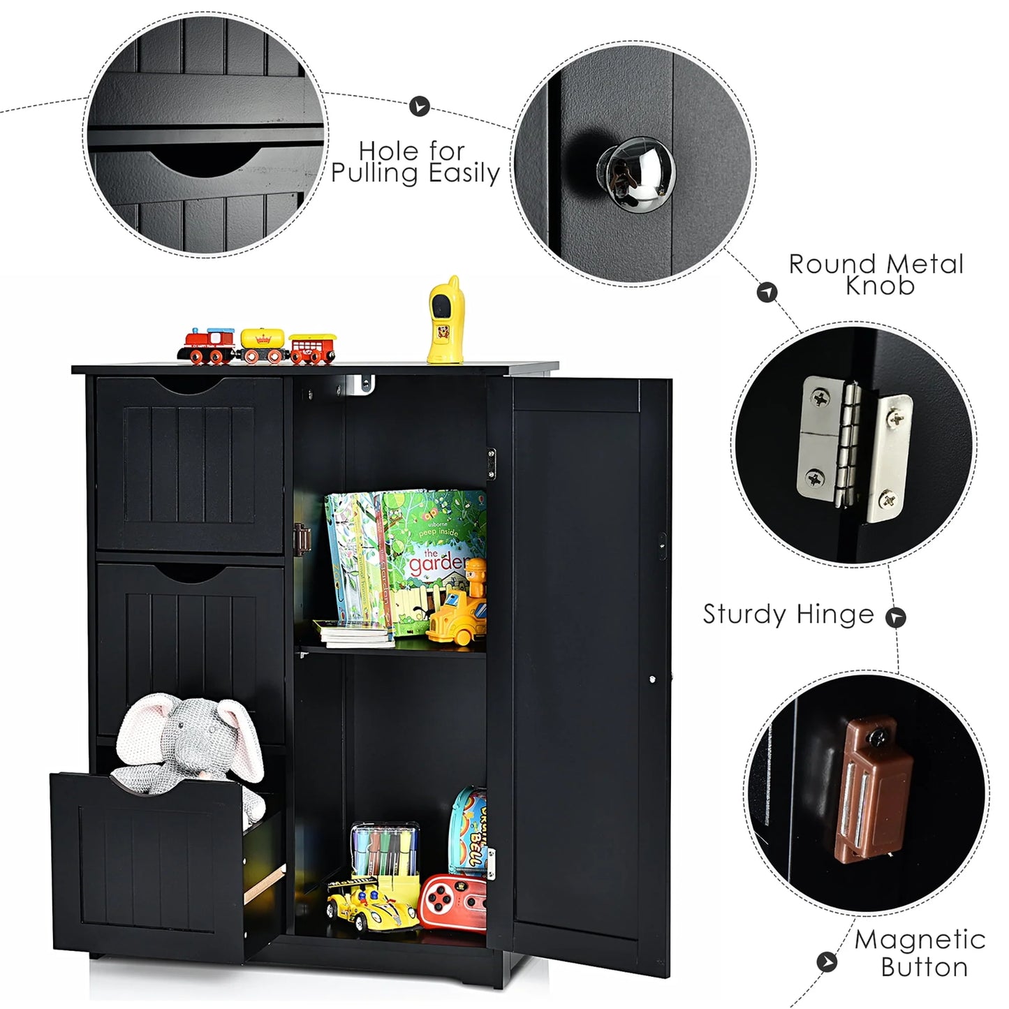 Costway Bathroom Floor Cabinet Side Storage Cabinet with 3 Drawers and 1 Cupboard Black