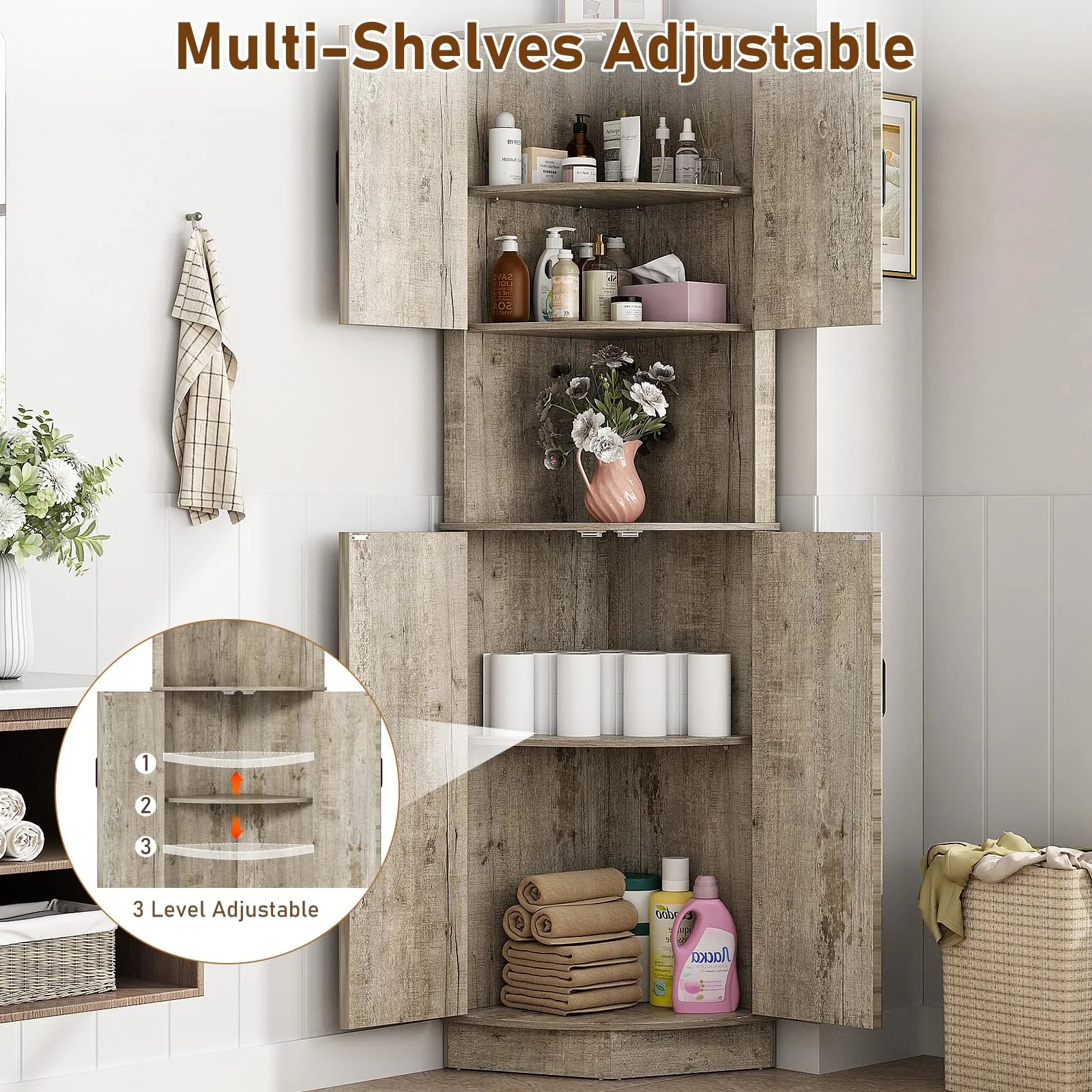 ChVans Farmhouse 68" Tall Corner Cabinet w/4 Barn Doors, 5 Tier Bookcase Storage Cabinet with Adjustable Shelves, Corner Storage Cabinet for Bathroom,Living Room,Kitchen, Brown