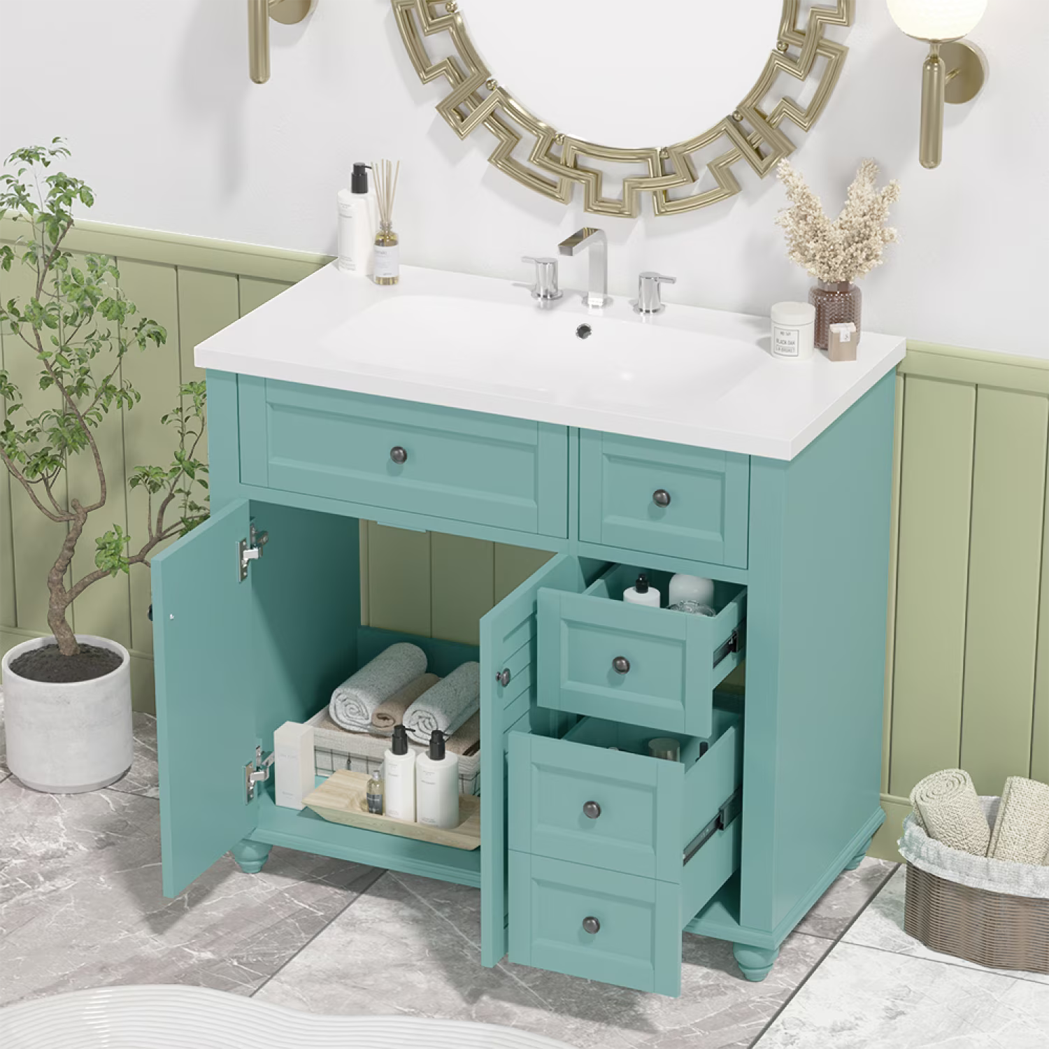 Harper & Bright Designs 30" Bathroom Vanity with Sink Combo, Bathroom Cabinet with Ceramic Top, Multifunctional Storage Doors and Drawer, Green