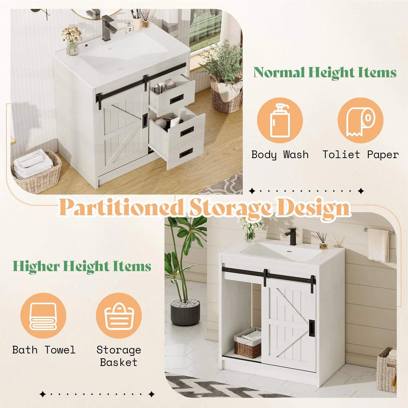 VANACC 31" Farmhouse Sliding Barn Door Bathroom Vanity with Sink Combo, Bathroom Cabinet with Drawers & Metal Handles, Freestanding, Distressed White