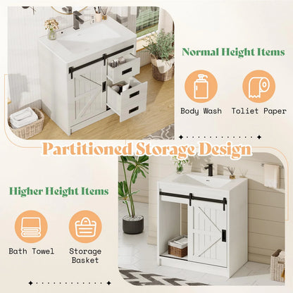 VANACC 31" Farmhouse Sliding Barn Door Bathroom Vanity with Sink Combo, Bathroom Cabinet with Drawers & Metal Handles, Freestanding, Distressed White