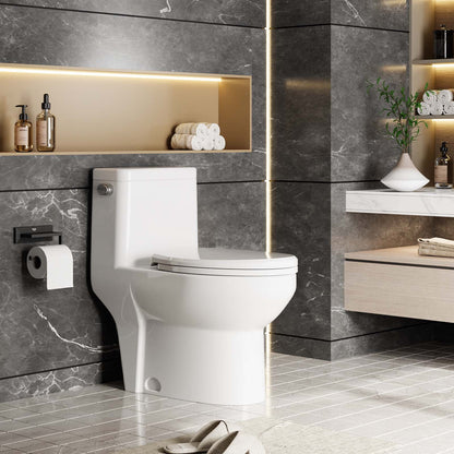 White One-Piece Elongated Toilet for Bathroom - Water Efficient