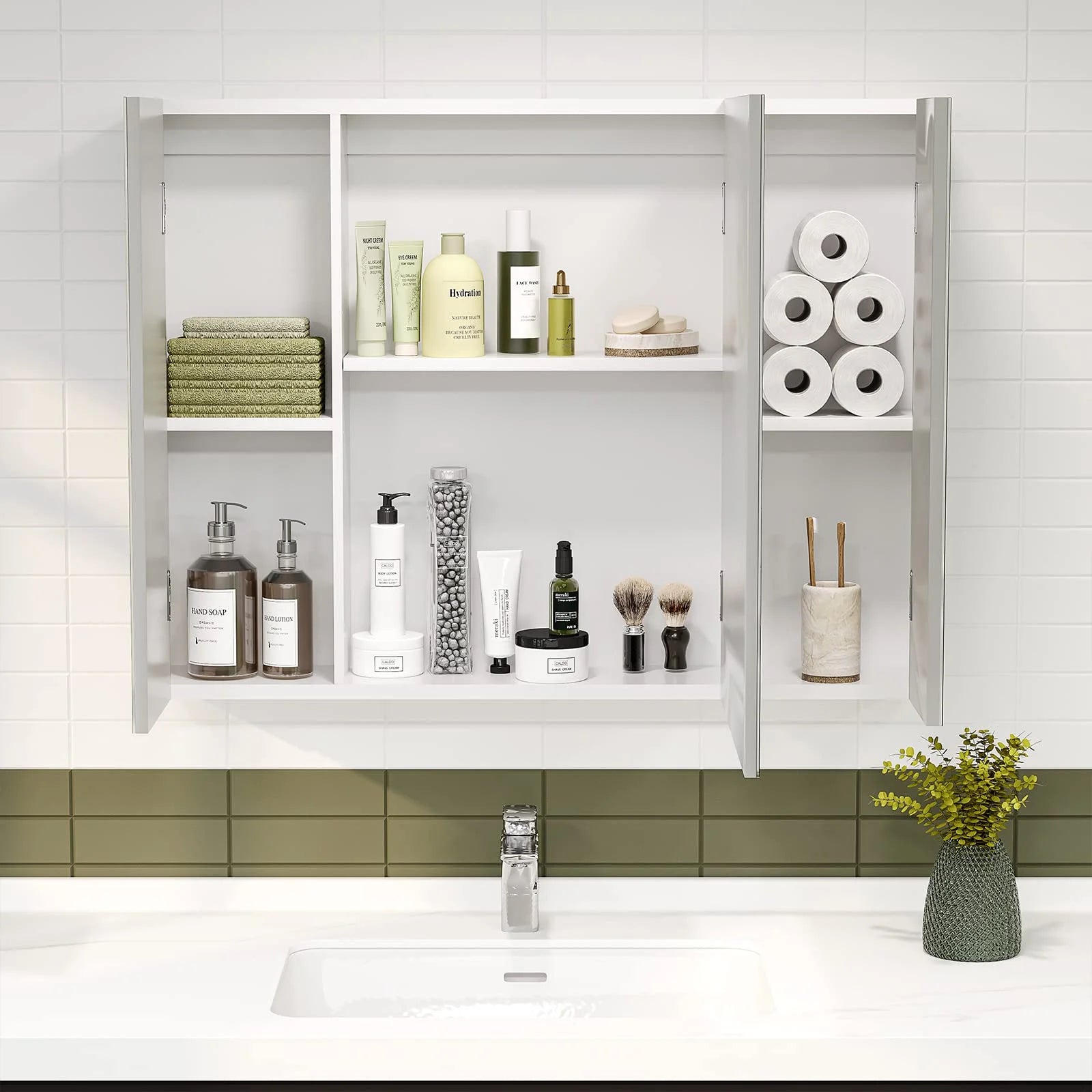 Medicine Cabinet Bathroom Wall Mirror Cabinet with 3 Door & 3 Adjustable Shelf, Multipurpose Storage Organizer for Kitchen Living Room, White