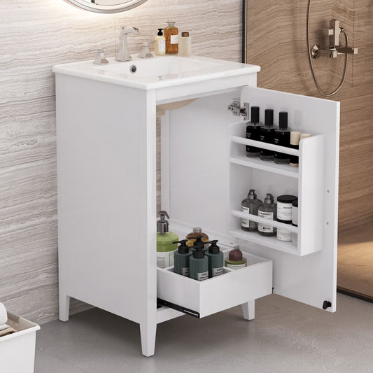 20.3 Inch Bathroom Vanity with Ceramic Sink, Solid Wood Small Single Vanity with Drawer and Soft Close Doors, White Modern Bathroom Cabinet with Storage