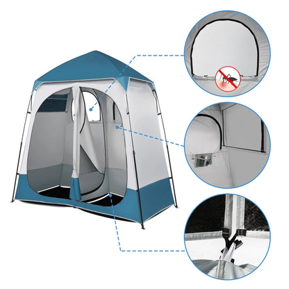 2 Rooms Camping Shower Tent, 7.5 FT Outdoor Pop up Changing 2 Room, Instant Extra Wide Privacy Shelter for Camping Dressing Toilet Bathroom with Carry Bag, Blue & White