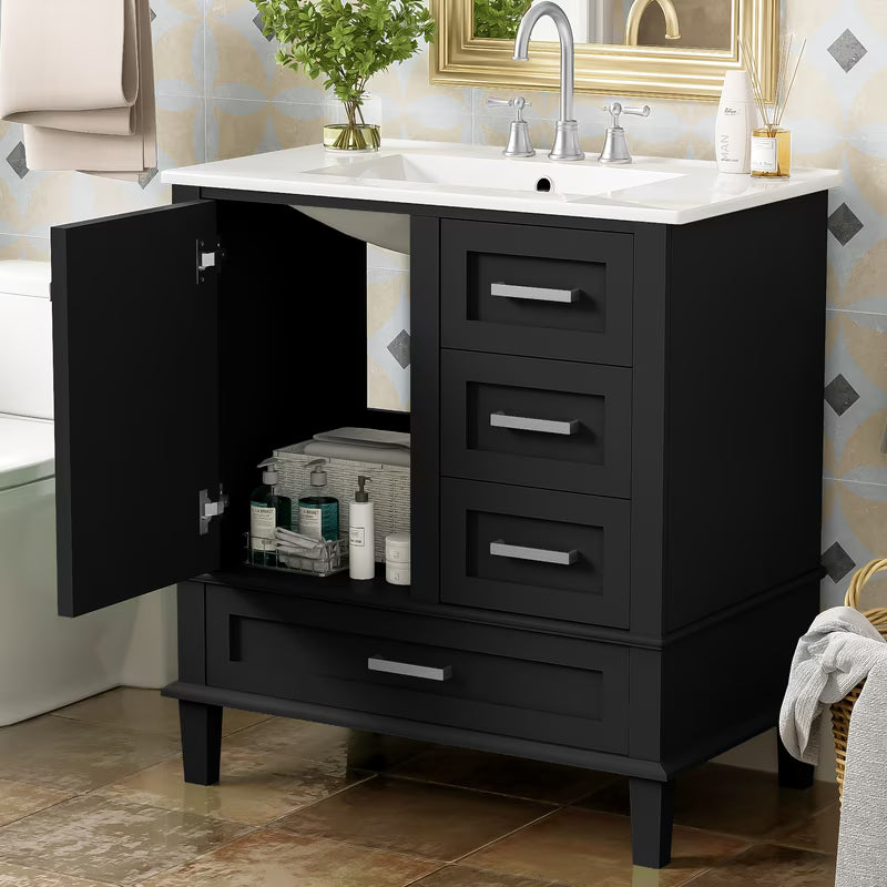 Bellemave 30" Bathroom Vanity with Sink, Cabinet with Sink Combo Set with Top, Bathroom Storage Cabinet with 3 Drawers and 1 Soft Closing Door, 30 Inch Vanity with Sink for Bathroom（White）
