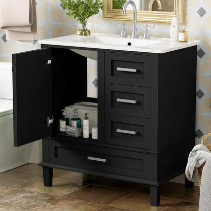 Bellemave 30" Bathroom Vanity with Sink, Cabinet with Sink Combo Set with Top, Bathroom Storage Cabinet with 3 Drawers and 1 Soft Closing Door, 30 Inch Vanity with Sink for Bathroom（White）