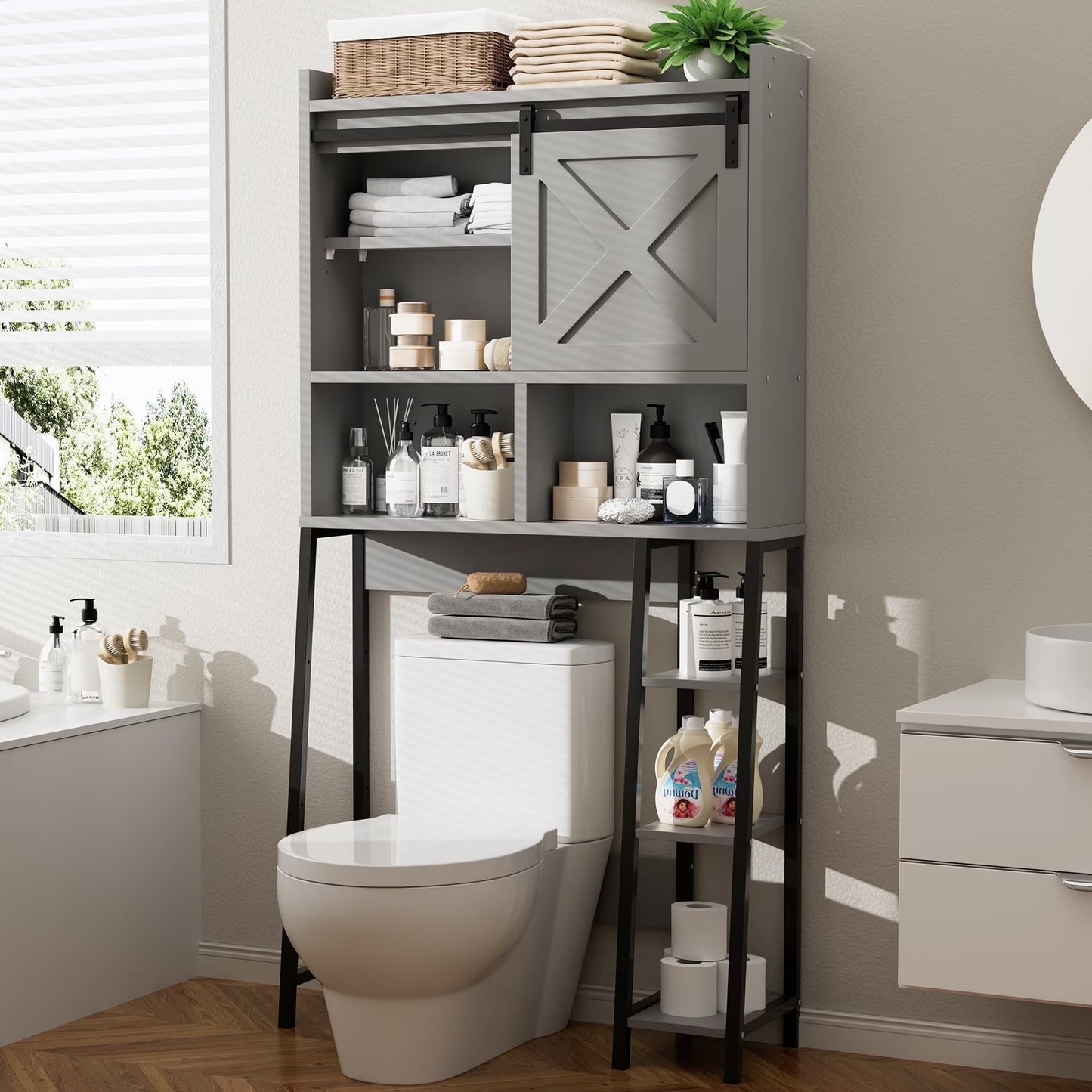 Walsunny Over the Toilet Storage Cabinet with Side Shelves Sliding Door Wooden Shelf Organizer for Restroom Bathroom Laundry,Walnut