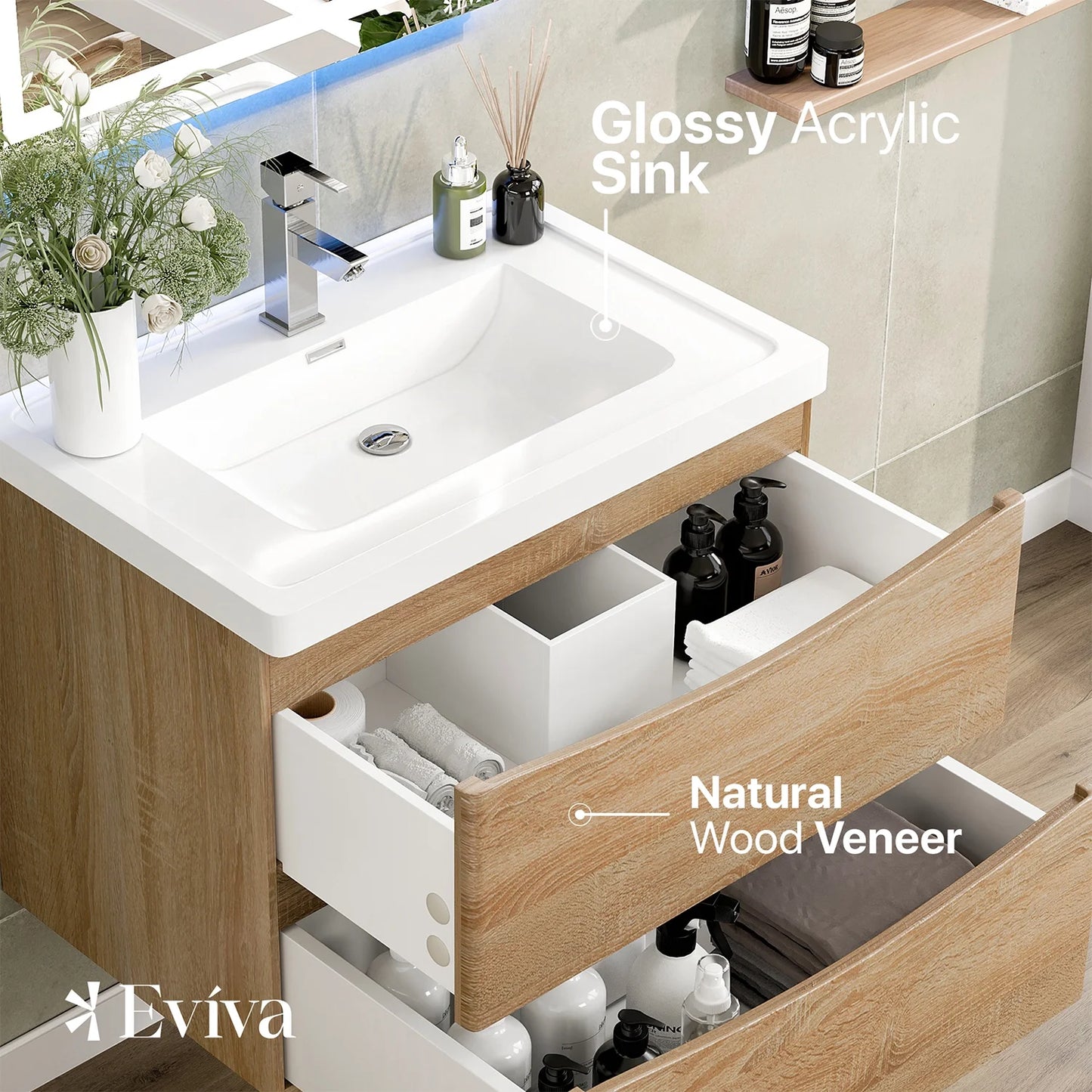 Eviva Smile 30" White Oak Wall Mount Modern Bathroom Vanity w/ White Integrated Top