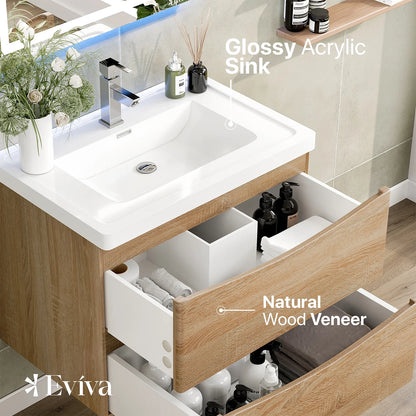 Eviva Smile 30" White Oak Wall Mount Modern Bathroom Vanity w/ White Integrated Top