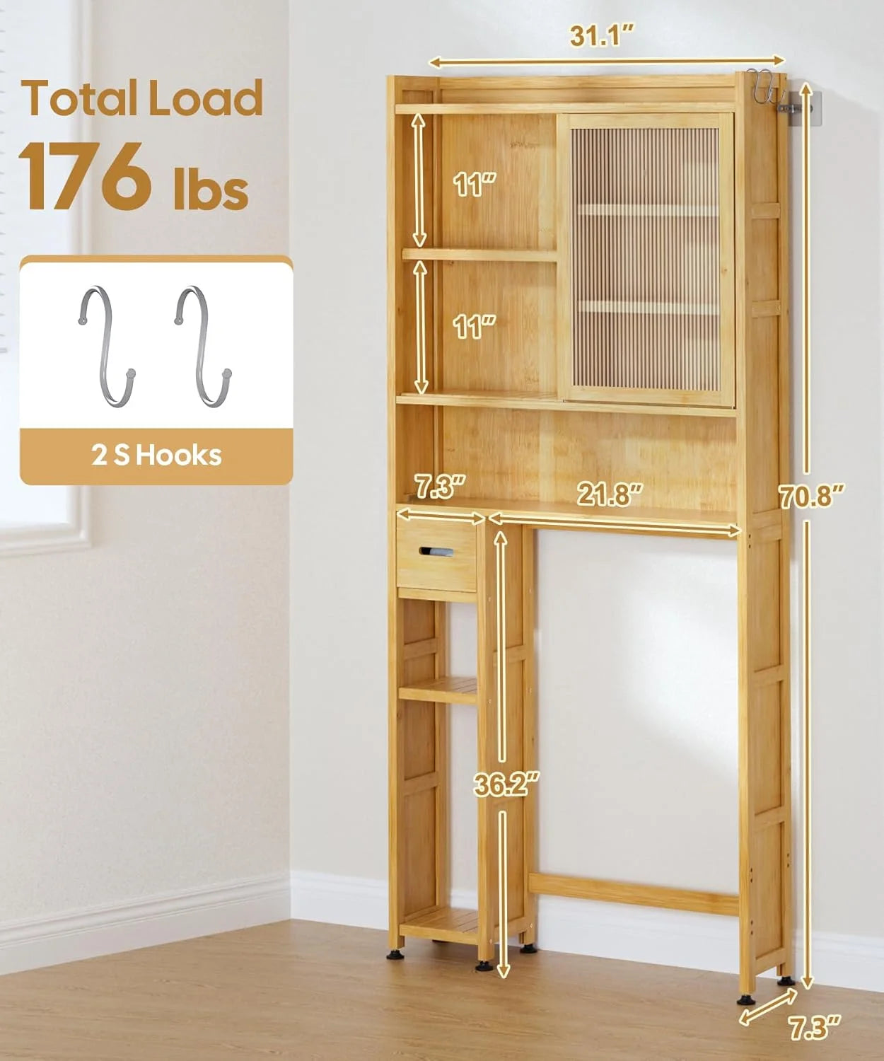 Over The Toilet Storage Cabinet with Acrylic Door Panel and Paper Towel Drawer, Bamboo Space Saver Shelf, Bathroom Organizer Rack Above WC (Without Power Strip, Brown)