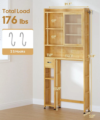 Over The Toilet Storage Cabinet with Acrylic Door Panel and Paper Towel Drawer, Bamboo Space Saver Shelf, Bathroom Organizer Rack Above WC (Without Power Strip, Brown)