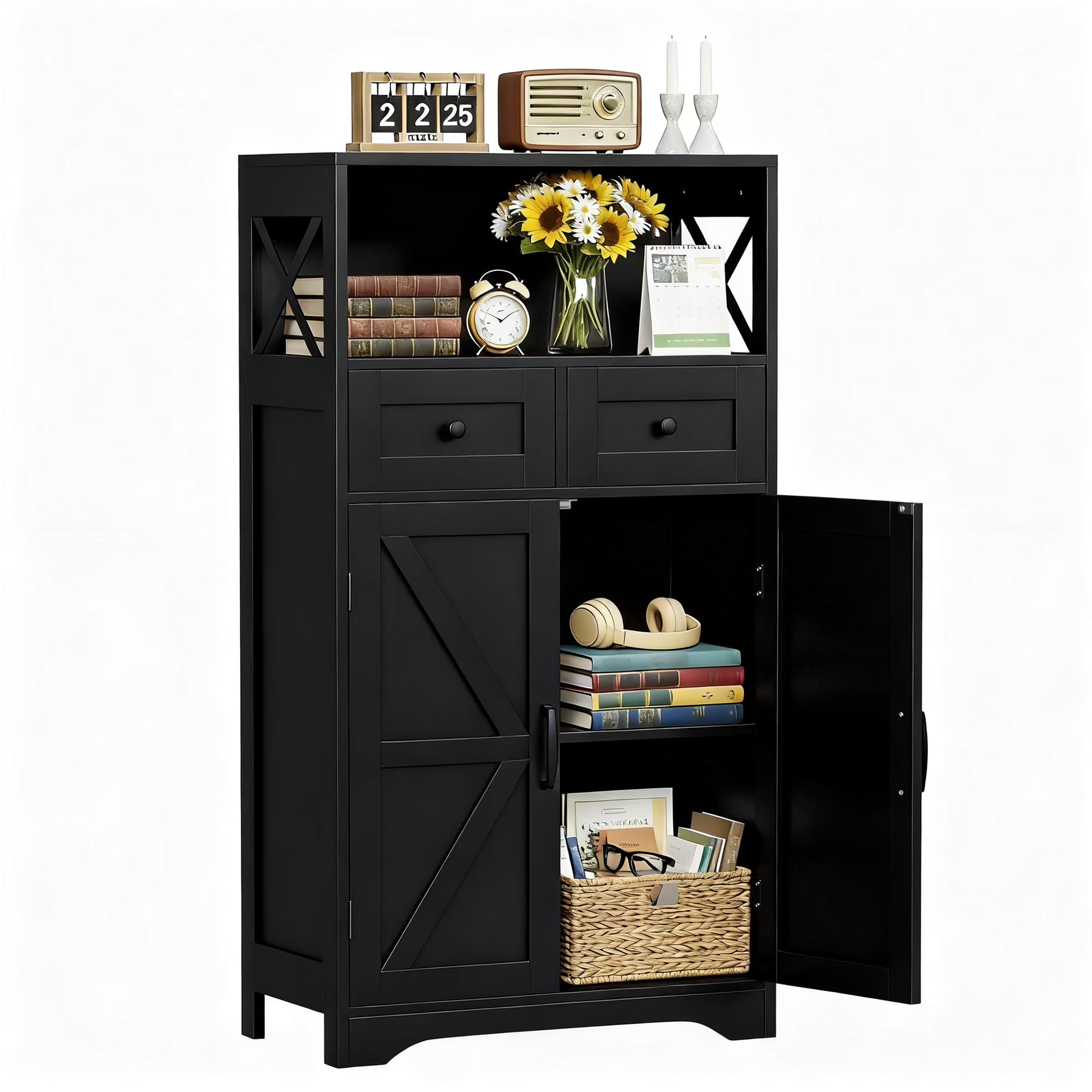 HomGarden Floor Storage Cabinet Large Farmhouse Kitchen Pantry Cabinet W/Drawers & Doors & Shelves for Home, Bathroom, Entryway, Living Room, White