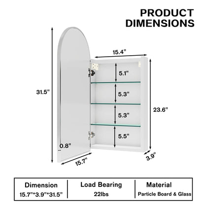 FKWin Arched Bathroom Medicine Cabinet with Mirror - Aluminum Framed Bathroom Mirror with Storage, Black Mirrored Medicine Cabinet, Wall Surface Mounted, 31.4"H x 15.7"W x 3.9"D