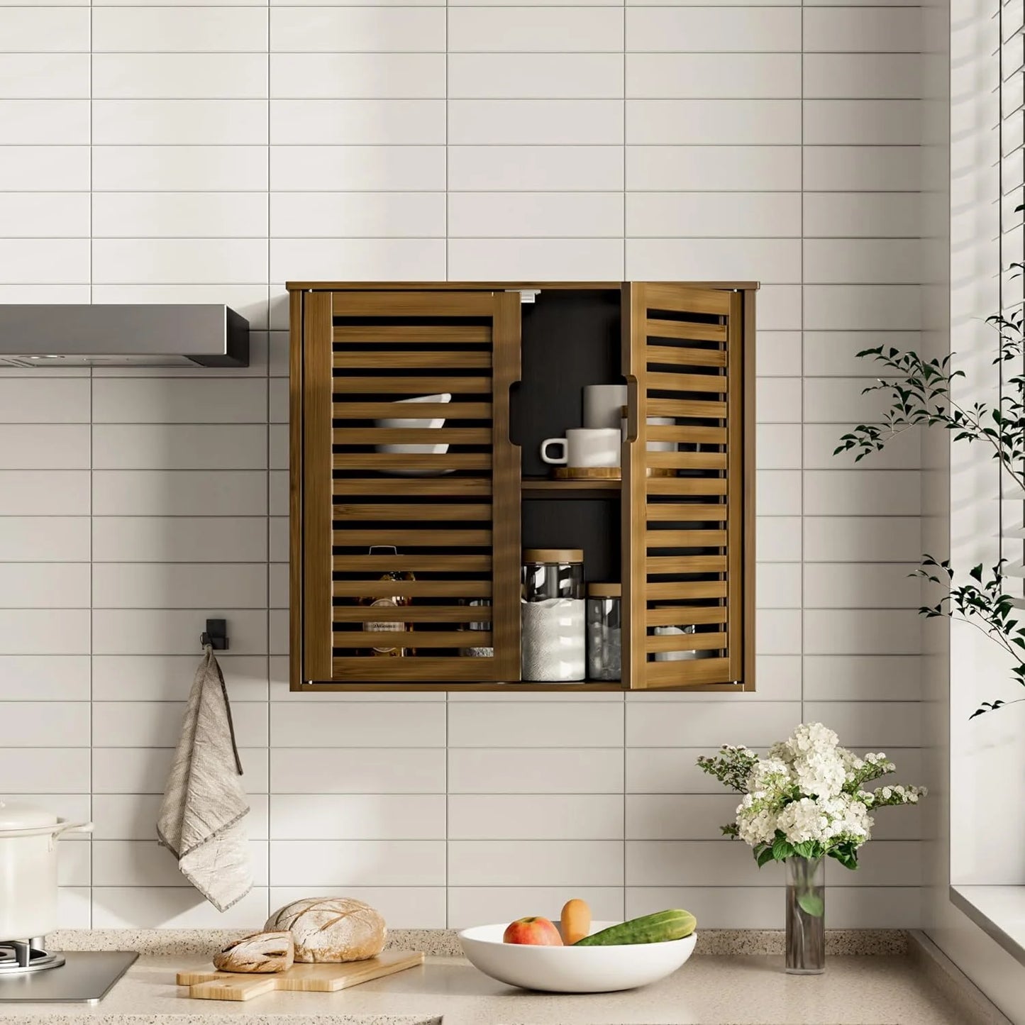 Medicine Cabinet, Bathroom Storage Cabinet Wall Mounted, Over The Toilet Space Saver Organizer with Doors and Bamboo Shelves, Walnut