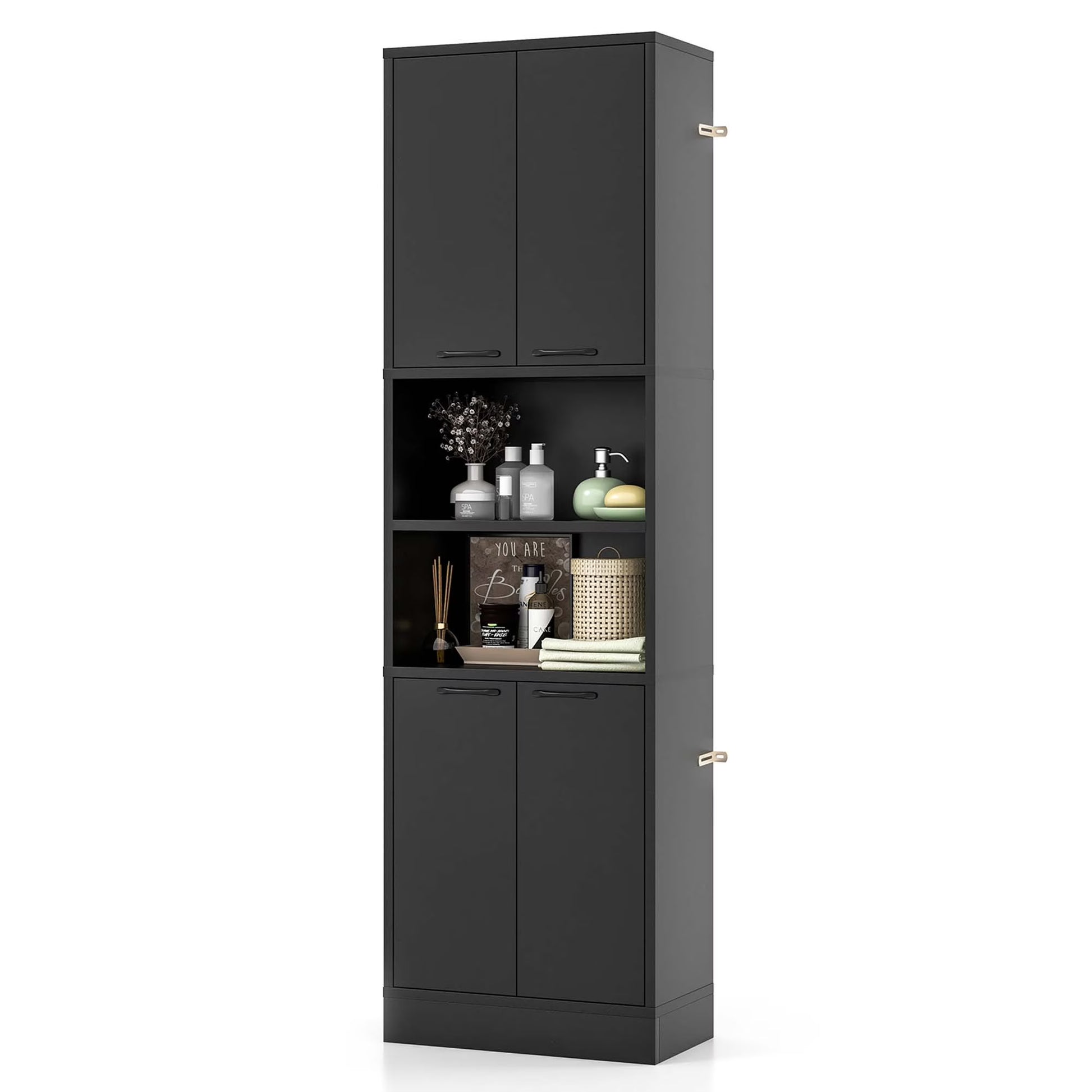 Costway 75" Tall Bathroom Storage Cabinet with 4 Doors & 2 Open Compartments Freestanding White