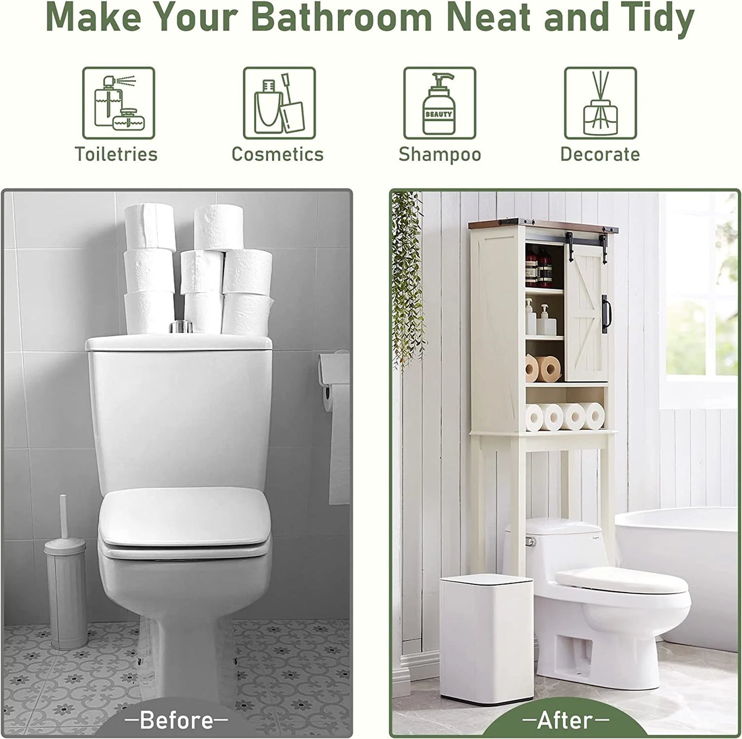 OKD Farmhouse Over The Toilet Bathroom Organizer, Freestanding Storage Cabinet with Sliding Barn Door, Bathroom Space Saver Toilet Stands(Antique White)