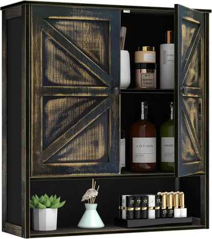 Bathroom Cabinet Wall Mounted with 2 Door Adjustable Shelves Bamboo Bathroom Wall Cabinet Over The Toilet Storage Medicine Cabinets for Kitchen Laundry Room