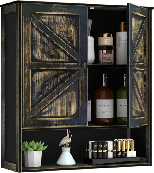 Bathroom Cabinet Wall Mounted with 2 Door Adjustable Shelves Bamboo Bathroom Wall Cabinet Over The Toilet Storage Medicine Cabinets for Kitchen Laundry Room