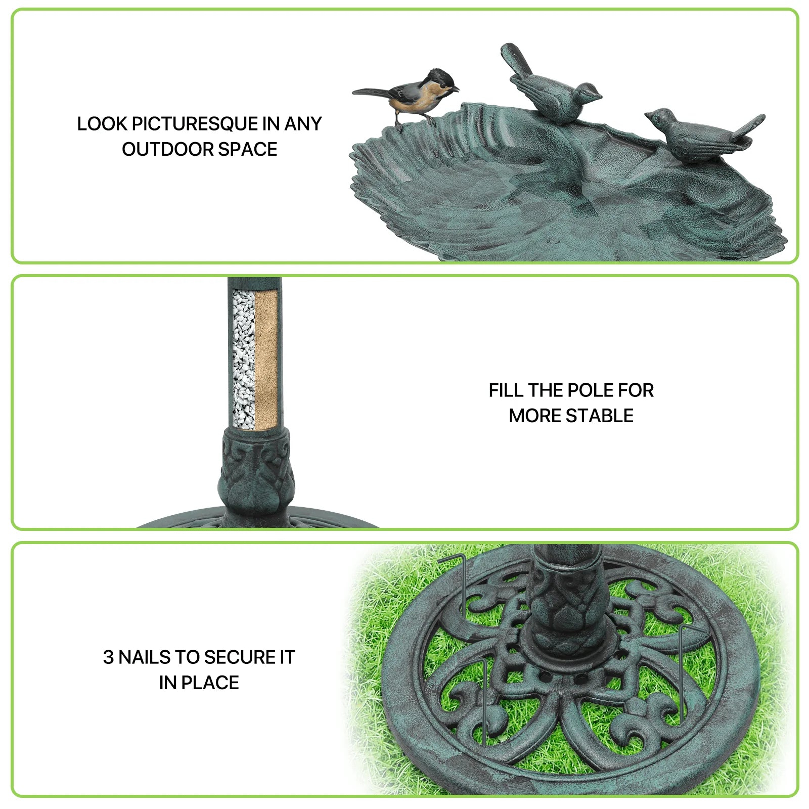 Magshion 28" Outdoor Garden Green Pedestal Bird Bath with Solar Pumb, for Patio Backyard Décor