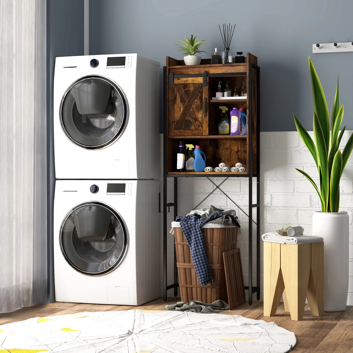 Topbuy Over The Toilet Storage Cabinet 4-Tier Bathroom Organizer w/ Adjustable Shelves Sliding Barn Door & Toilet Paper Holder Rustic Brown
