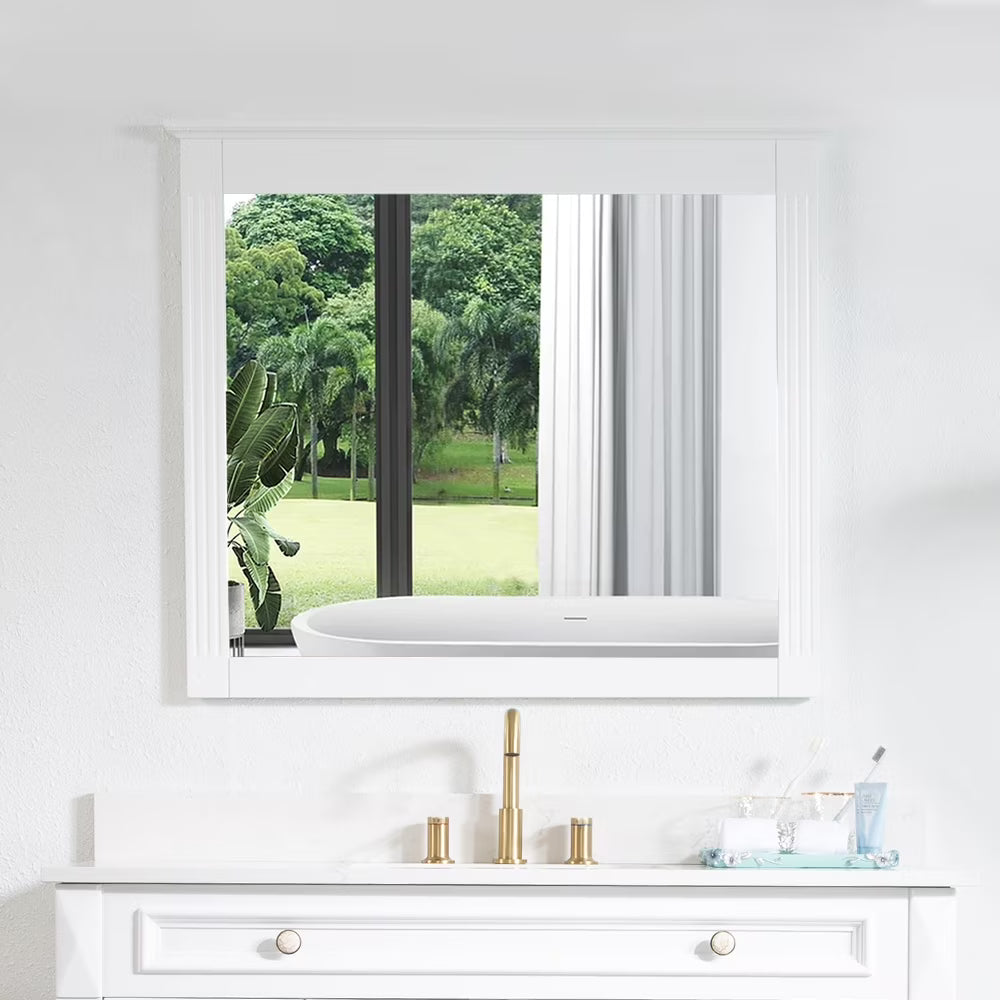 Forclover 38" x 33" Rectangle Wall-Mounted Wooden Framed Vanity Mirror, Makeup Bathroom Wall Mirror for Bathroom Living Room Entryway, White
