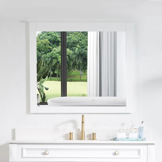 Forclover 38" x 33" Rectangle Wall-Mounted Wooden Framed Vanity Mirror, Makeup Bathroom Wall Mirror for Bathroom Living Room Entryway, White