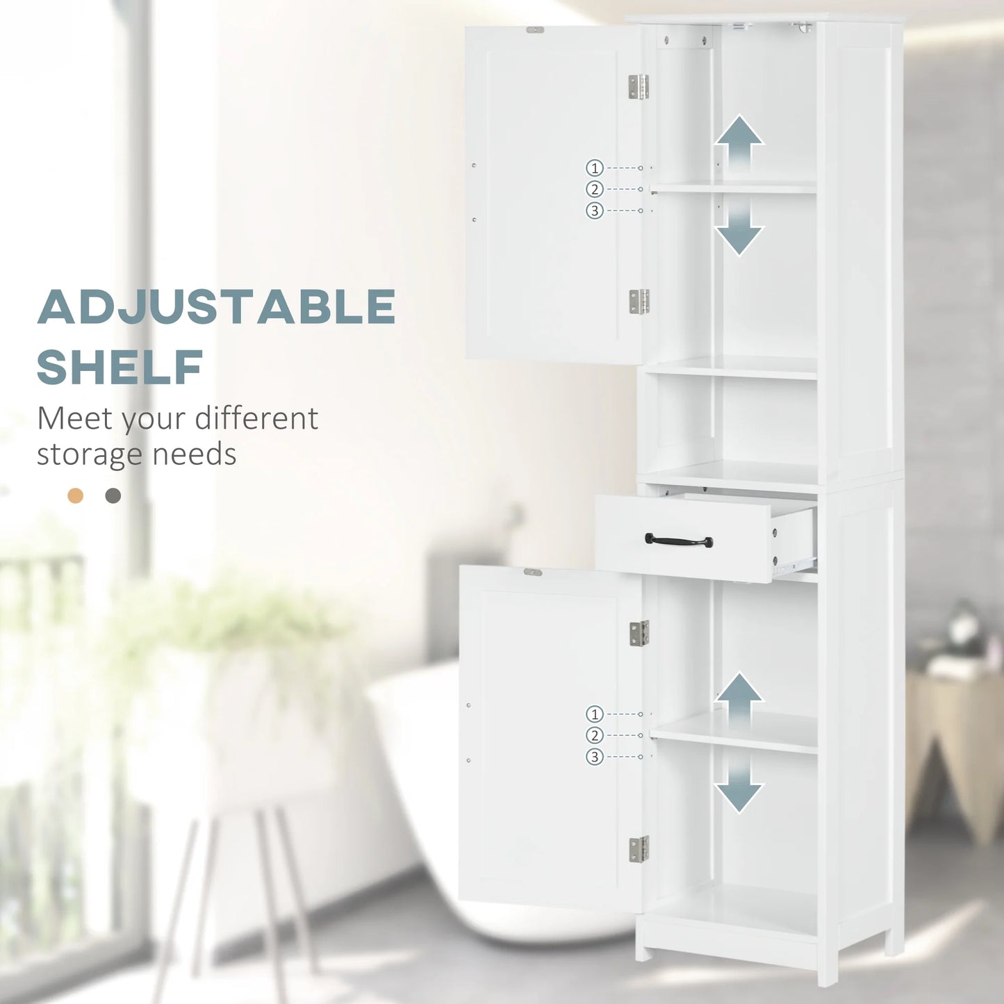 kleankin Slim Bathroom Storage Cabinet, Tall Bathroom Cabinet, Linen Tower with Open Shelf, Drawer, Recessed Doors, and Adjustable Shelves, White