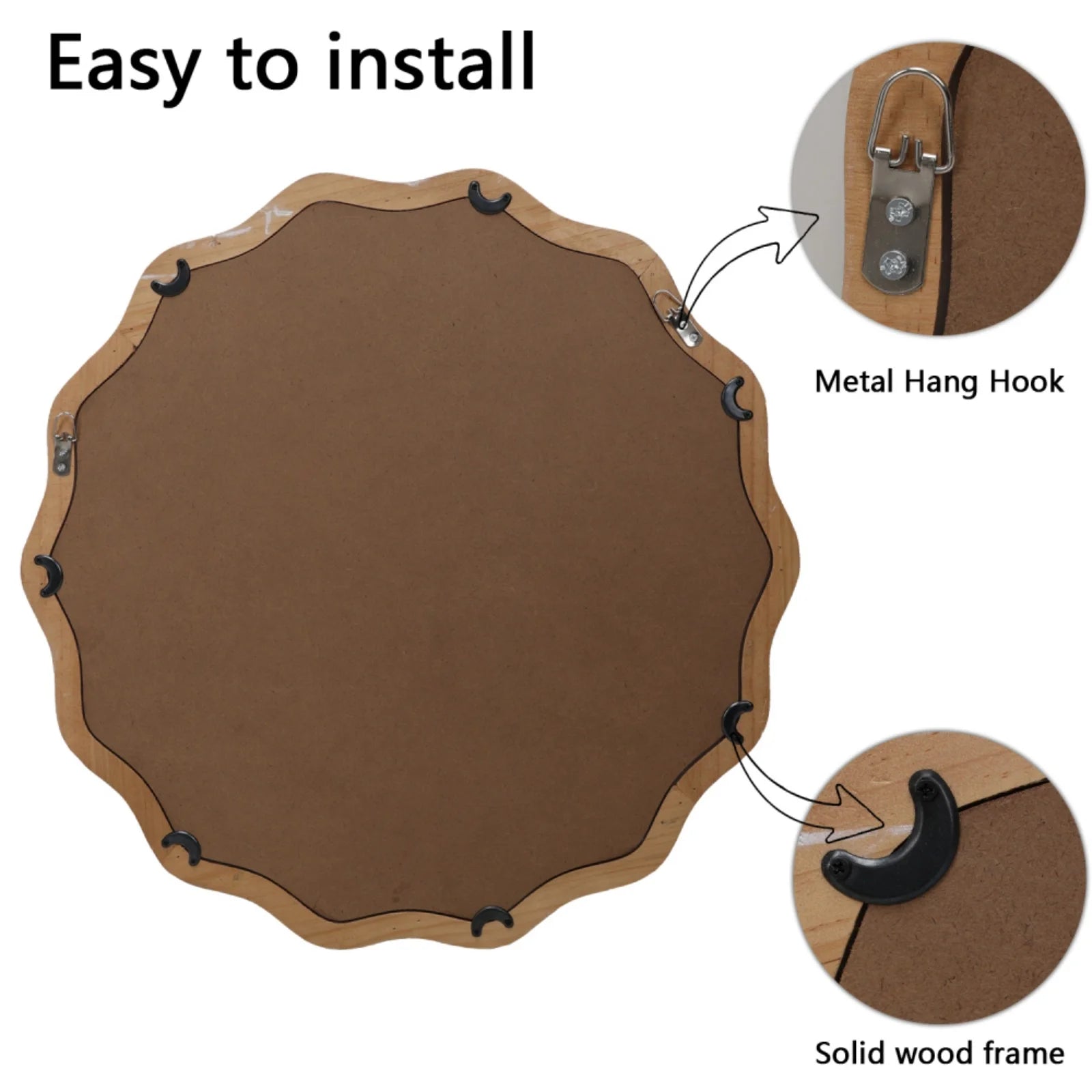 Honeey 24 Inch Circular Wave Wall Mirror, Large Decorative Wooden Frame Hanging Circular Mirror, Modern Farmhouse Decoration, Suitable for Bathroom, Living Room, Daycare Decoration