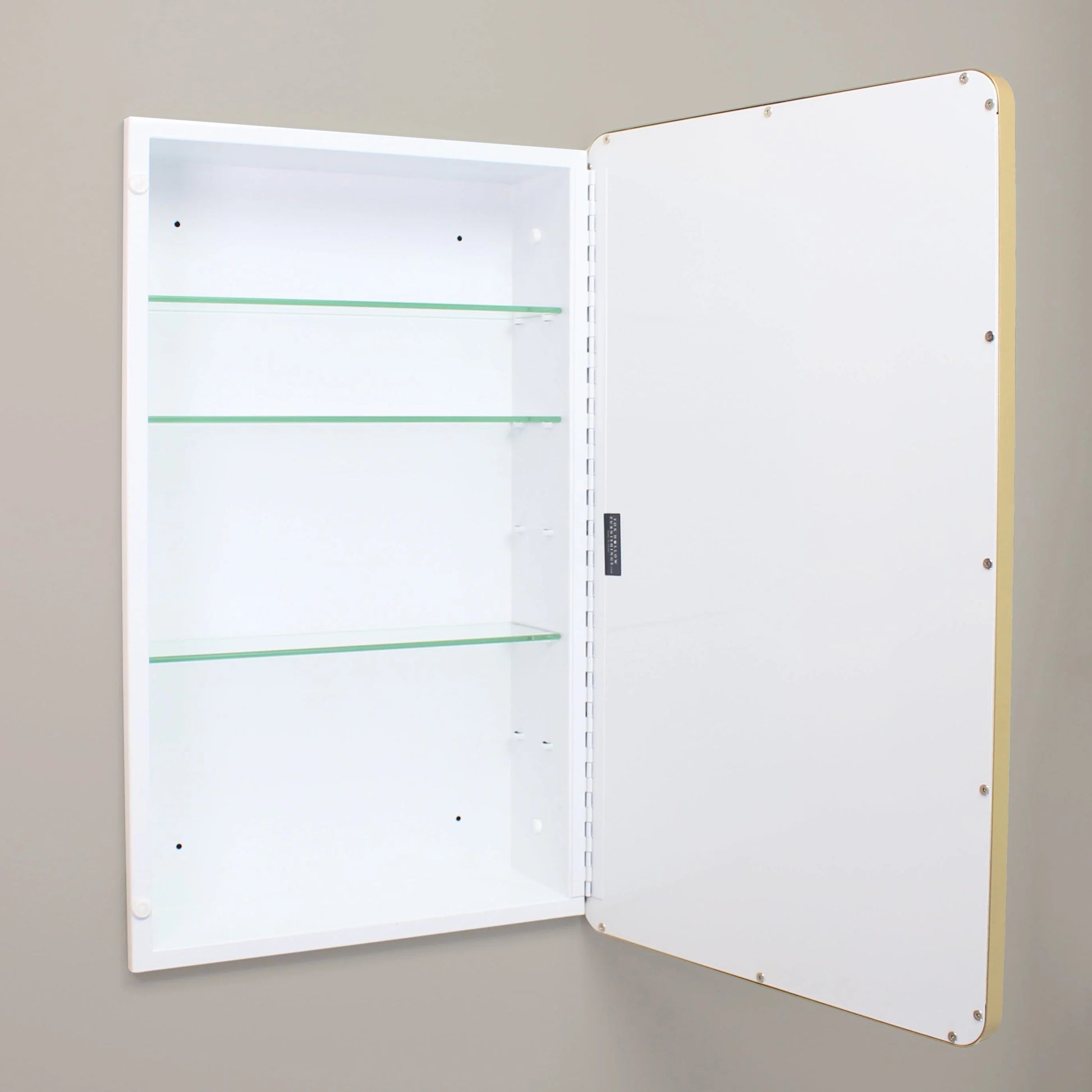 16x26 Austin Farmhouse Metal Framed Rounded Rectangle Recessed Bathroom Medicine Cabinet, Beveled Mirror, 14x24 in-Wall Opening, Powder-coated Steel, Adjustable Glass Shelves, Magnet Close, Gold