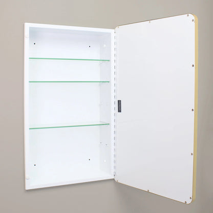 16x26 Austin Farmhouse Metal Framed Rounded Rectangle Recessed Bathroom Medicine Cabinet, Beveled Mirror, 14x24 in-Wall Opening, Powder-coated Steel, Adjustable Glass Shelves, Magnet Close, Gold