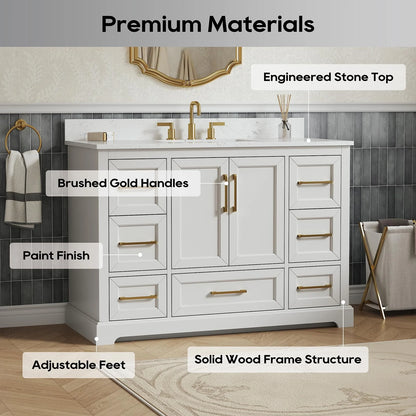 Deluxe Living 48" Bathroom Vanity with Marble Top, Fully-Assembled vanity with Ceramic Sink,Solid Wood Frame,Greige White