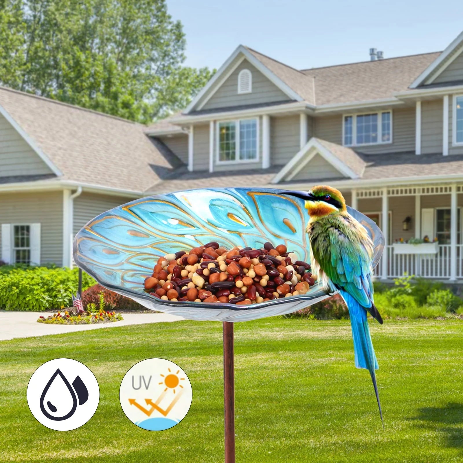 Glass Bird Bath, Garden Outdoor Birdbaths Birdfeeder with Metal Stake Peacock