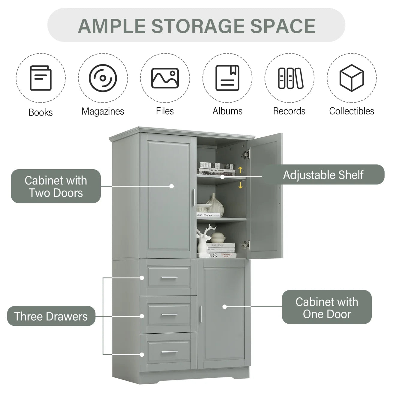 Bathroom Cabinet, 62.2" Tall Storage Cabinet with Doors and Shelves, Freestanding Linen Closet for Bathroom, Kitchen, Living Room, Grey