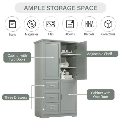 Bathroom Cabinet, 62.2" Tall Storage Cabinet with Doors and Shelves, Freestanding Linen Closet for Bathroom, Kitchen, Living Room, Grey
