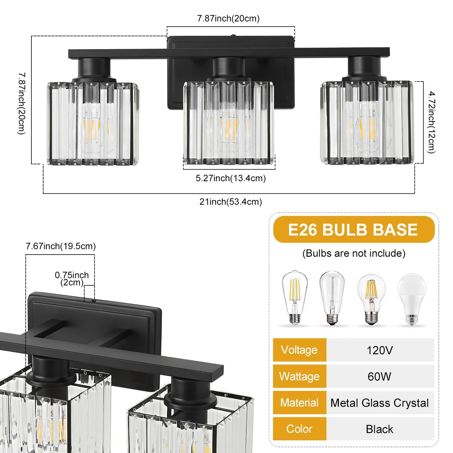 Deyidn Modern Bathroom Vanity Light 3-Lights Modern Black Gold Brushed Brass Finish Crystal Bathroom Wall Light Bathroom Vanity Light Fixtures