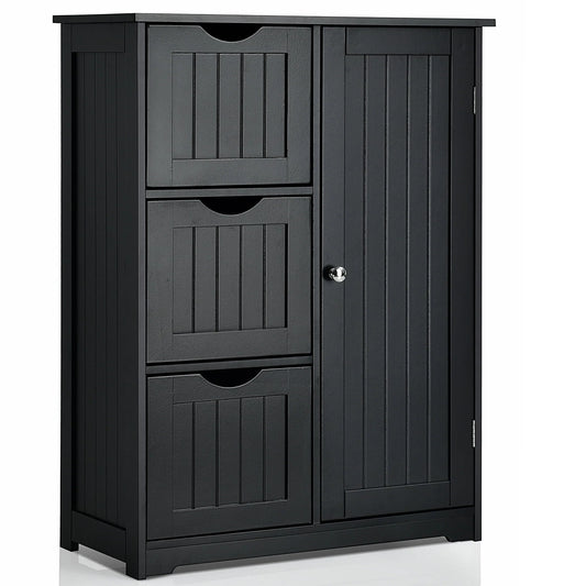 Costway Bathroom Floor Cabinet Side Storage Cabinet with 3 Drawers and 1 Cupboard Black