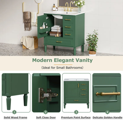 ENSHUI Traditional 30-Inch Bathroom Vanity Set, Floor Standing, with Three Drawers, Soft Close Doors, Long Gold Metal Handles