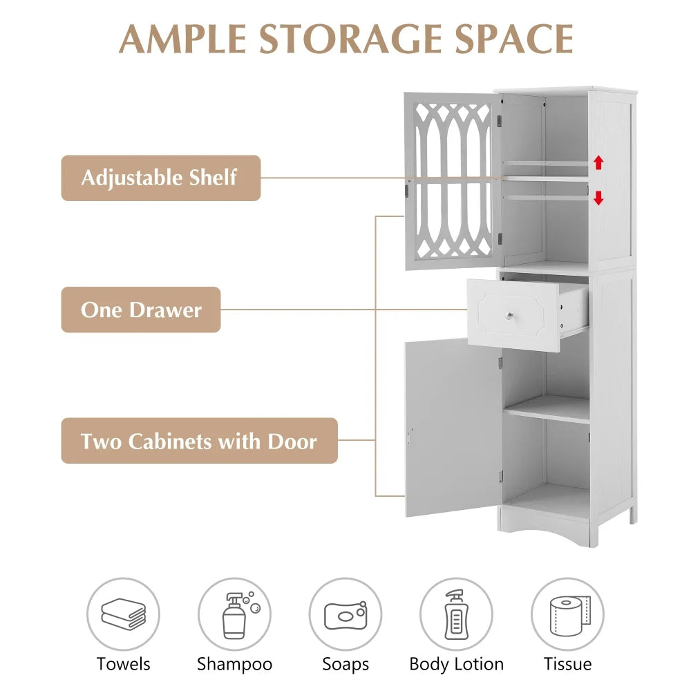 Tall Bathroom Storage Cabinet, Freestanding Storage Cabinet with Drawer and Double Acrylic Doors, Modern Bath Organizer Cabinet with Adjustable Shelf, White